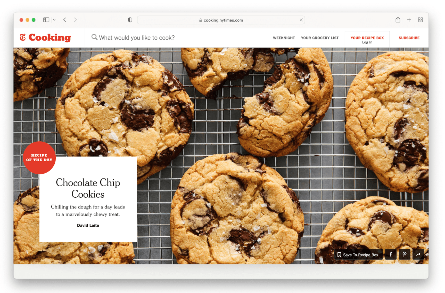A screenshot of the NYT Cooking homepage, featuring a recipe for chocolate chip cookies.