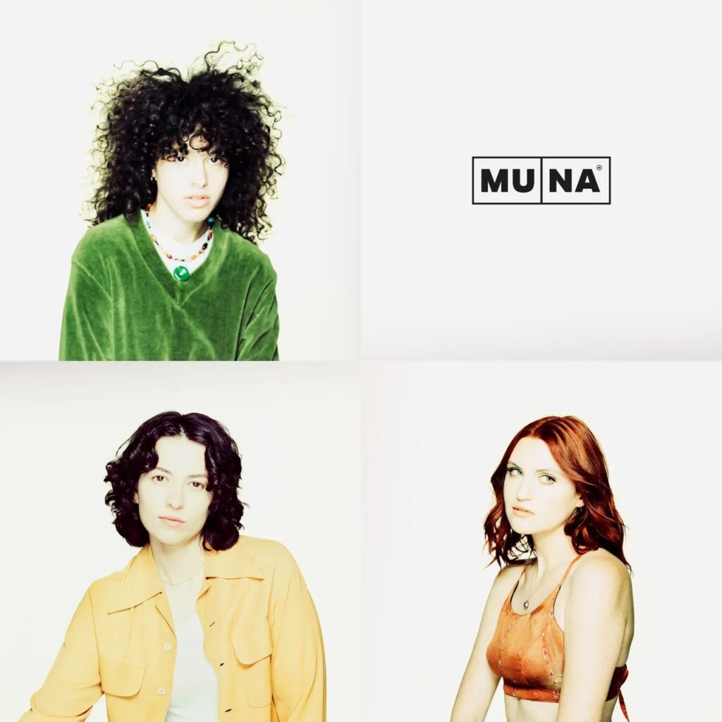 MUNA studio album art, with three female presenting adults in their own quadrent looking at the camera.